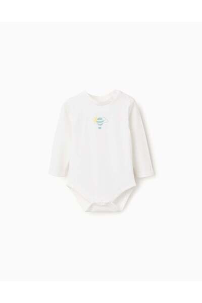 Ziddy بدلة أطفال بيضاء بأكمام طويلة مزينة بطبعة منطاد هواء ساخن، مناسبة للأول...