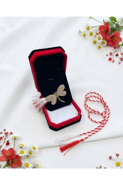 OEM Broșă libelulă aurie cu pietre albe și verzi, mărțișor, cutie de catifea ...