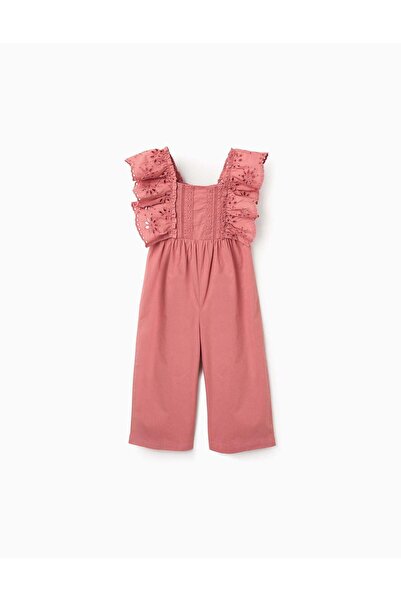 Ziddy Poplin jumpsuit with ruffles and broderie anglaise for baby girls, pink