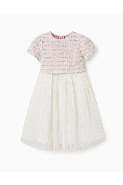 Ziddy Dual-fabric short sleeve dress in tweed and mesh for girls, pink