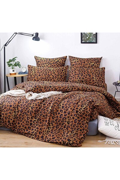 trendyhome Double Bed Linen, 4 Pieces, Fine Cotton, Leopard, Brown/Black