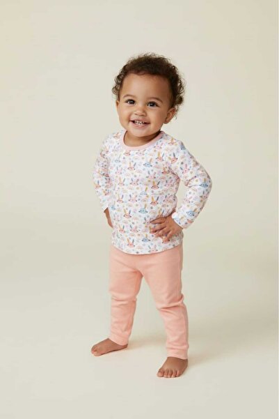 Fuar Baby Salmon Rabbit Patterned Baby Girl 100% Cotton Pajama Set - Soft Pat...