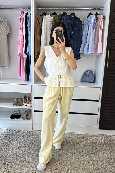 Gökkuşağı Bel Ayarlamalı Modal Palazzo Pantolon - Sarı SARI