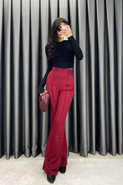 Gökkuşağı Nervürlü İspanyol Paça Pantolon - Bordo BORDO