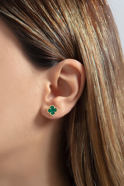 SARIASLAN Dört Yapraklı Yonca 925 Ayar Gümüş Küpe 14 Ayar Altın Renginde