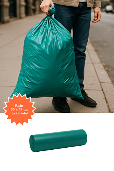 Plas+Plus Yeşil Rulo Çöp Poşeti 60x72 cm 3x20 Adet Ev Mutfak İş Ofis Avantajl...