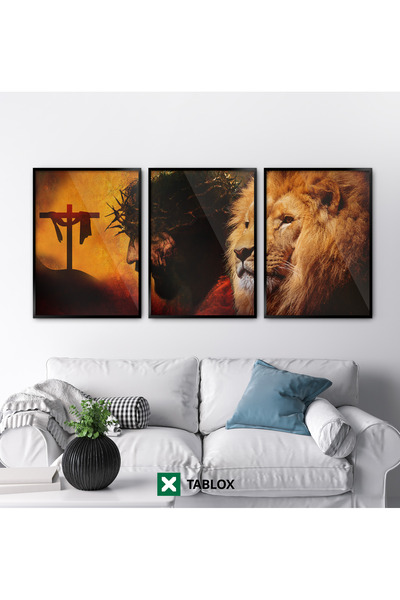 TABLOX Set de pictură MDF cu crucea lui Isus cu leu, cu 3 piese, cu rame din ...