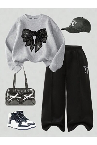 buendiakids Kız Çocuk 2'li Paket Gri Siyah Büyük Kurdele Baskılı Bisiklet Yak...