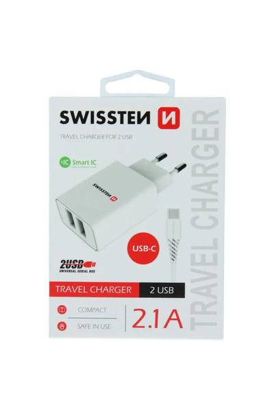 SWISSTEN Smart IC 2xUSB + Cablu Date Type-C 1.2m 2.1A Alb