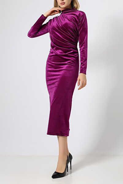 Sabr فستان ميدي مخملي نصف فيشر فستان بتجاعيد مجمّعة – فستان مخملي أنيق وراقي