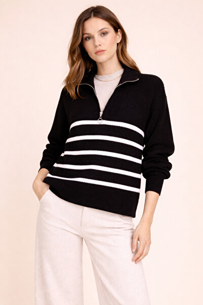 Kirazgym Half Zipper Side Stripe Sweater-Black