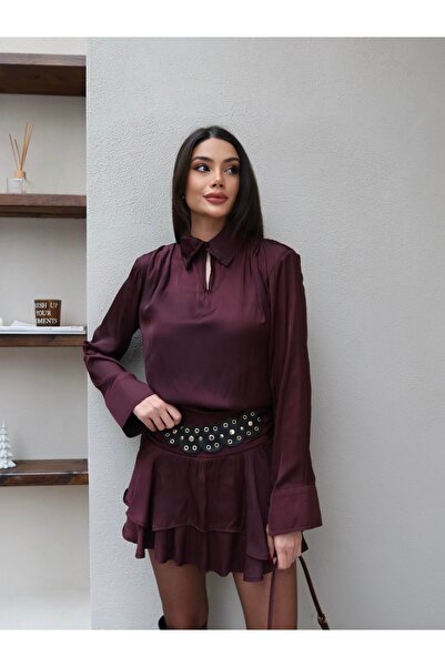 ESRAHELVACI Shoulder Pad Piece Belt Detailed Satin Skirt Set