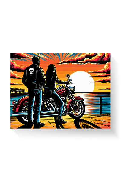 Printees Painting - Retro illustration of a couple of bikers at sunset - Canv...