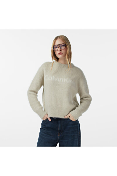 Calvin Klein Alpaca Logo Kadın Beyaz Triko