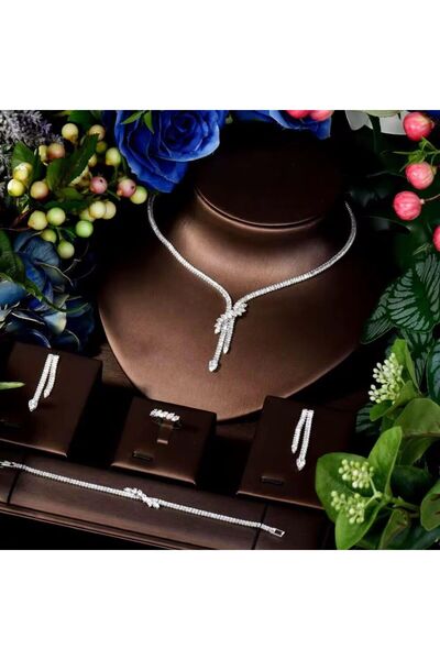 VİYA Emily Zirkon Taşlı Takı Seti Kolye Küpe Bileklik Yüzük Set Düğün Nişan Seti