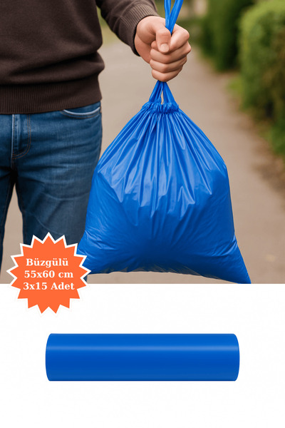 Poshetto Mavi Büzgülü Çöp Torbası 55x60 cm 3x15'li Adet Ev Mutfak İş Ofis Ava...