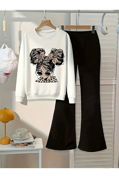 buendiakids Kız Çocuk Beyaz- Siyah Tatlı Kız Baskılı Bisiklet Yaka Sweatshirt...