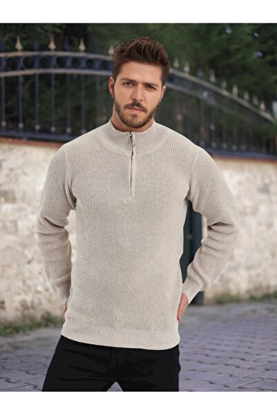 mayastyle Men's Knitwear Sweater with Half Zipper (Beige)