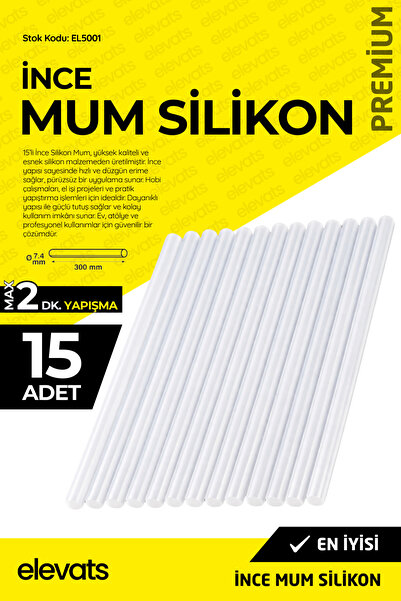 Elevats Premium İnce Silikon Mum 7 mm – 15 Adet | Silikon Tabancası İçin Şeff...