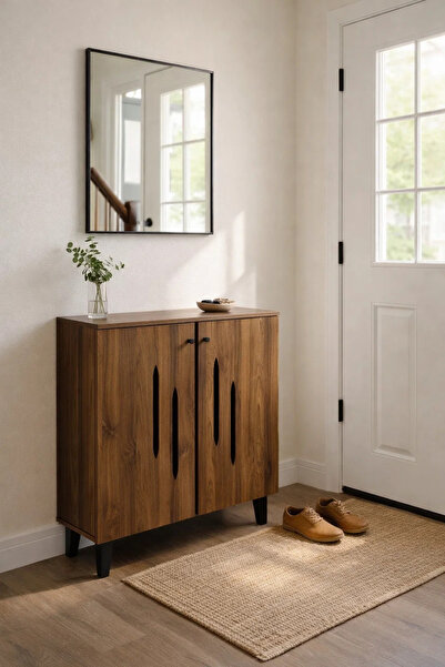 MARIA HOMES Modern Wooden Shoe Cabinet Dark Brown with Vertical Cut Out Desig...