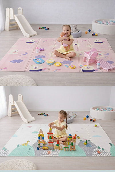 PUREZA Çift Taraflı Katlanabilir Oyun Matı Kaymaz,DarbeEmici,BulutlarDağlar P...