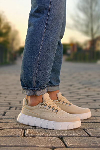 BASOLES Beige Suede Men's Sneaker High Sole Lace-Up Casual Sports Shoes