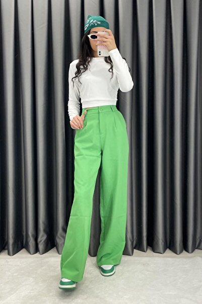 Gökkuşağı Double Pleated Palazzo Fabric Wide Leg Trousers - Green Green