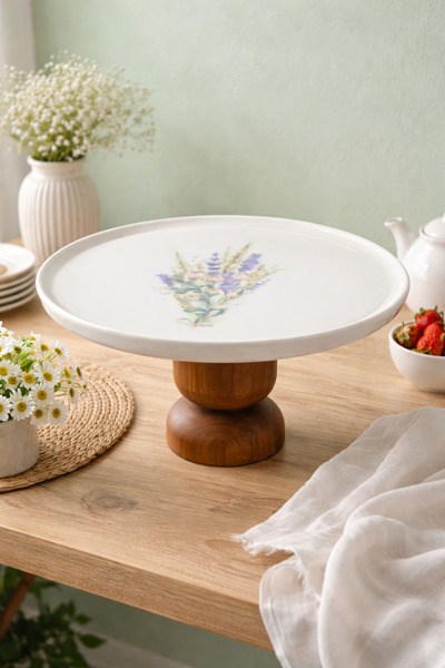 Evila Ahşap Ayaklı Çiçek Detaylı Porselen Sunumluk 23,5 cm – Ayaklı Pasta, Ke...