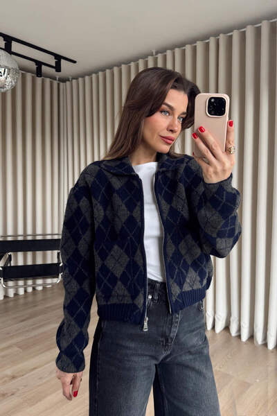 Sue Store Navy Blue Anthracite Diamond Patterned Zippered Knitwear Cardigan