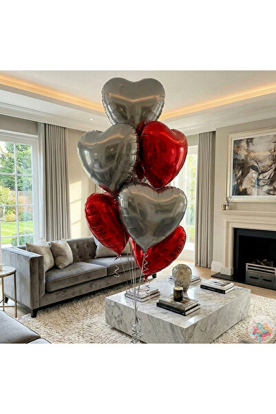 Joyane Set of 6 Heart Foil Balloons 60 cm – Red & Gray – Valentine's Day, Eng...