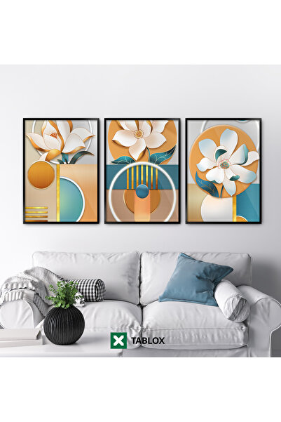 TABLOX Set de pictură MDF cu 3 piese, cu rame din lemn real, cu flori decorat...