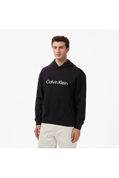 Calvin Klein Hanorac negru cu mânecă lungă pentru bărbați, cu glugă, cu logo ...