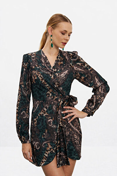codemark Women's Patterned Long Sleeve Double-Breasted Tie Mini Dress