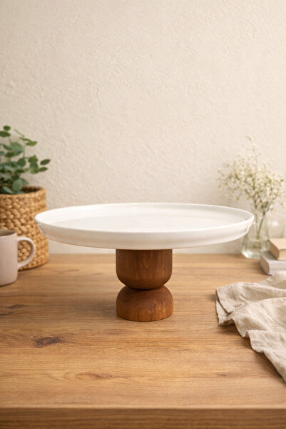Evila Ahşap Ayaklı Porselen Sunumluk 23,5 cm – Ayaklı Pasta, Kek ve Tatlı Ser...