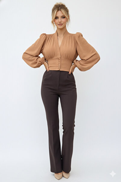 Kirazgym Women's Buttoned Balloon Sleeve Crop Blouse with Elastic Back - Mink