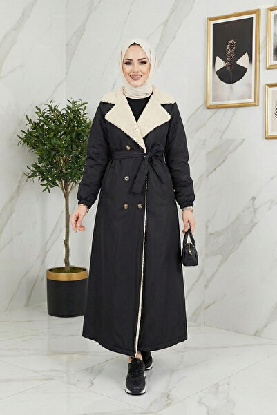 Hb Harma Time Butik Women's Black Coat with Fur Inside, Buttons, and Belt