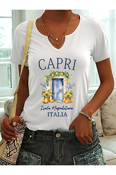 mercoledi تي شيرت نسائي كابري مطبوع بأكمام نصفية وياقة على شكل حرف V وقصة عاد...