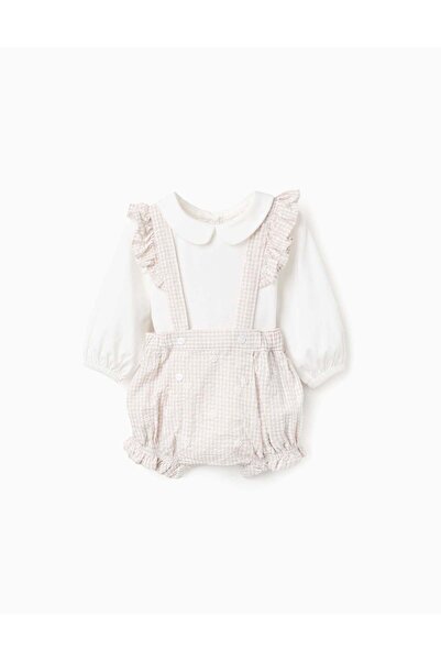 Ziddy بدلة جسم وبدلة كاملة بنقوش للفتيات حديثات الولادة، أبيض/بيج