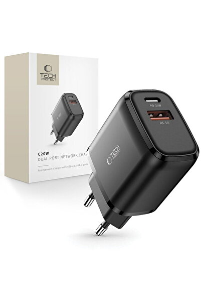 Tech-Protect 9589046924286 C20W 1xUSB-A+ 1xUSB-C QC3.0 PD 20W Negru