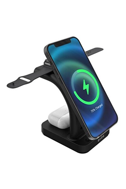 S-LINK SW-CWF130 Siyah Telefon Kulaklık Akıllı Saat 15W 3 in 1 Magsafe Led Lo...