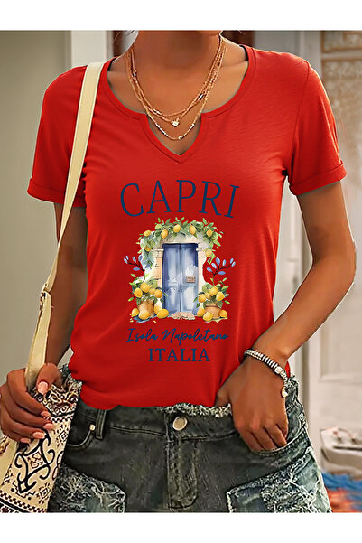 mercoledi Women's Capri Printed Half V-Neck Sleeves Regular Fit Casual T-Shirt