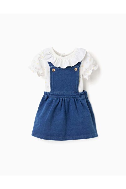 Ziddy Bodysuit with motif + denim pinafore dress for newborn girls, white/blue