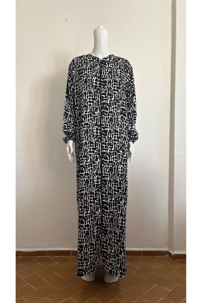 GİZGİYİM Black and White Patterned Zippered Prayer Dress Plus Size