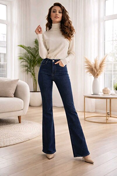 Trn JNS Dennys Kadın Likralı Lacivert İspanyol Jeans Pantolon ( Kalın Kumaş İ...