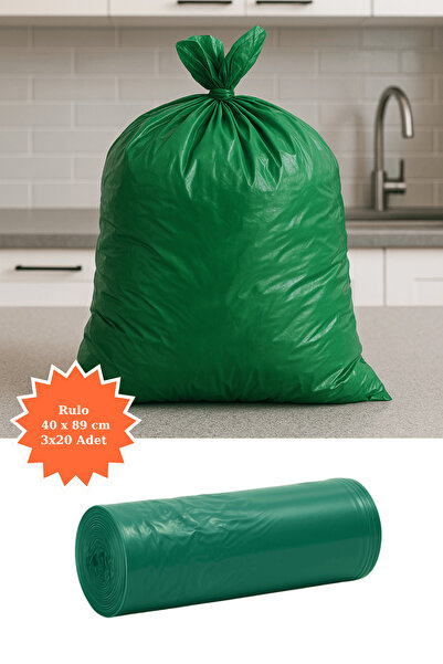 Poshetto Yeşil Rulo Çöp Poşeti 40x89 cm 3x20 Adet Ev Mutfak İş Ofis Avantajlı...