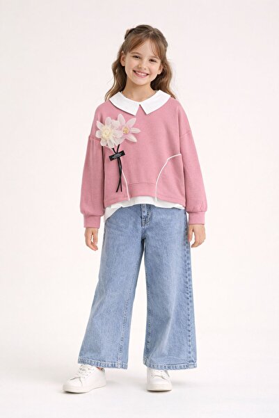 Cansın Mini Pink Floral Detailed Badili Shirt Girl's 3-Piece Top and Bottom S...