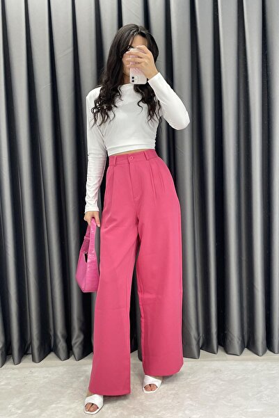 Gökkuşağı بنطلون واسع الساقين من قماش بالازو مطوي مزدوج - فوشيا