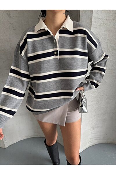 Pollux Striped Buttoned Polo Neck Women's Knitwear