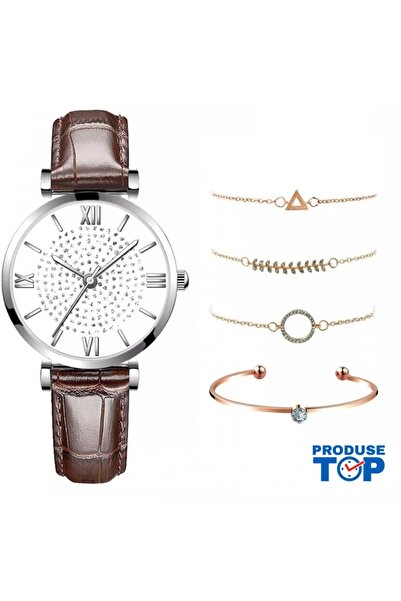 QUARTZ Ladies Watch with Eco Leather Brown Strap and Set of 4 Golden Bracelet...