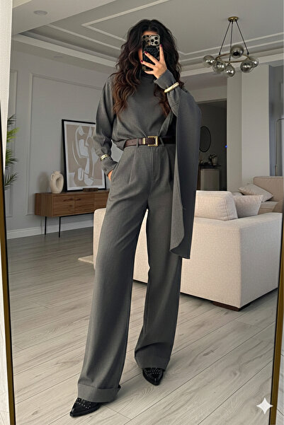 LADY SHOPPING Manşet Kol Yakası Şallı Gömlek Takım Antrasit